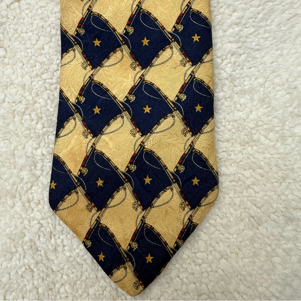 Vintage Tommy Hilfiger Gold and Blue Silk Tie with Fishing Theme